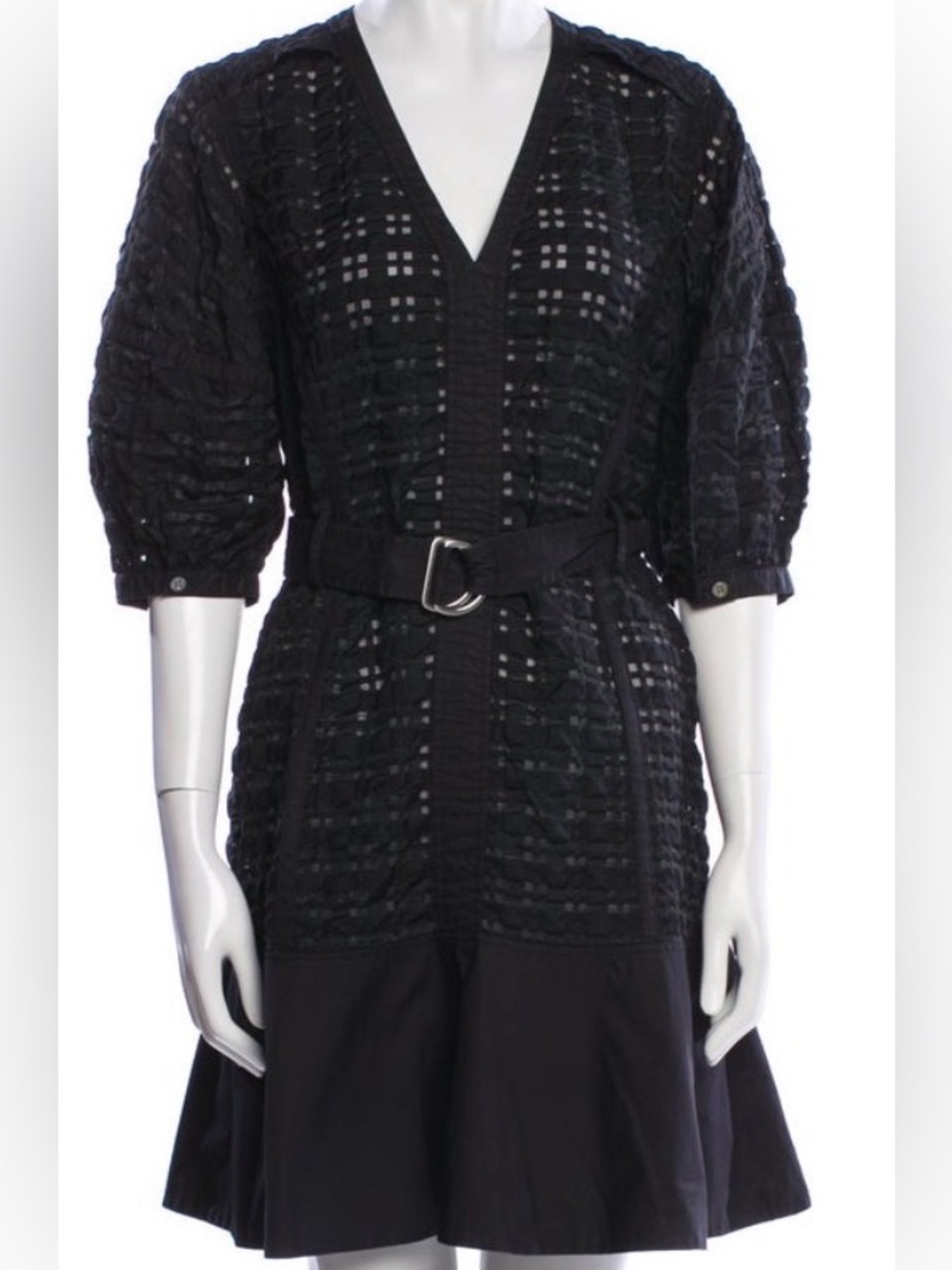 3.1 Phillip Lim Black Textured V-Neck Belted Mini Dress